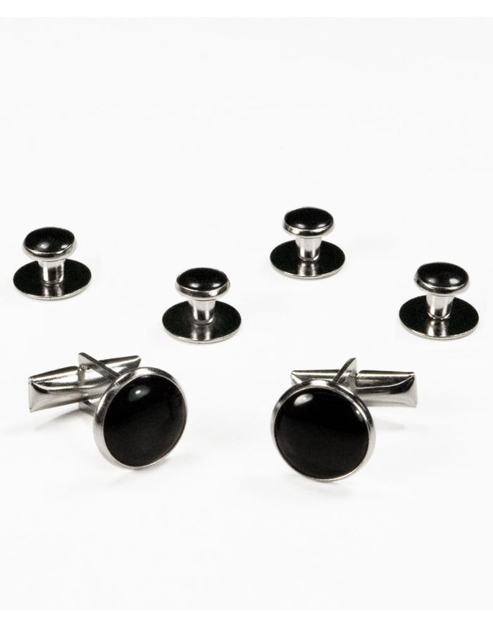 Basic Black with Silver Trim Studs and Cufflinks Set - Classic Collection