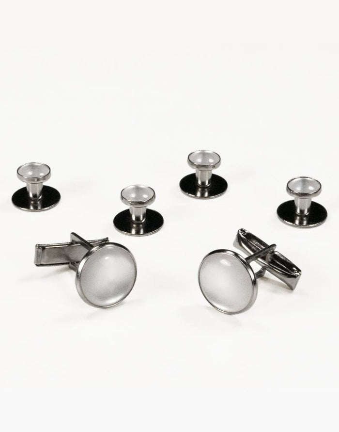 Basic White with Silver Trim Studs and Cufflinks Set Classic Collection