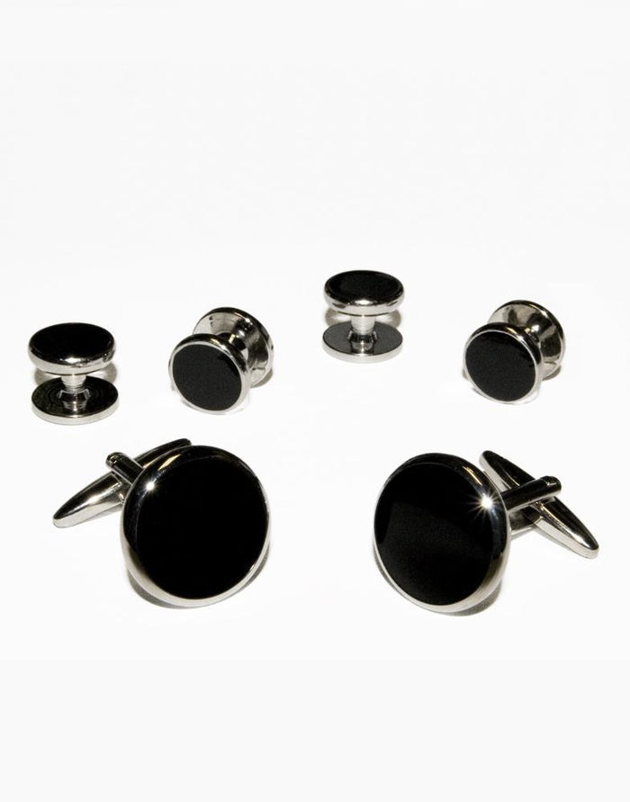 Black Circular Enamel in Silver Setting Studs & Cufflinks Set - Classic Collection