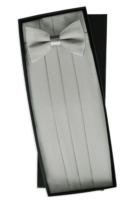 Silver Silk Cummerbund & Bow Tie Set Classic Collection