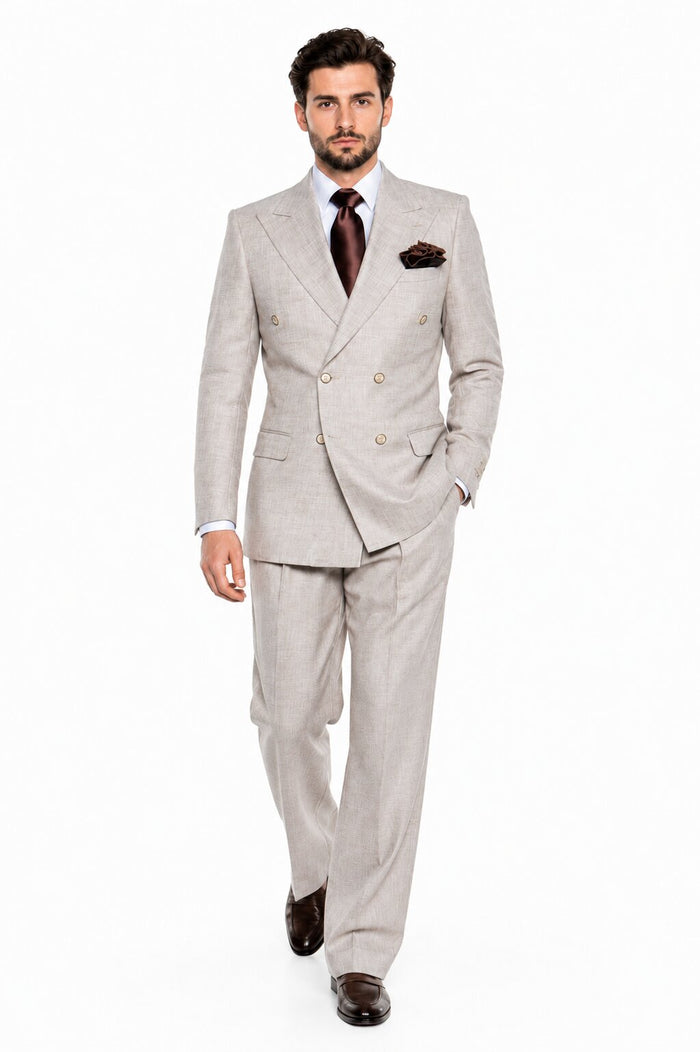 Suits With Baggy Pleated Pants - Wide Leg Pants 100% Wool - Classic Fit in Light Brown Color by Rossiman USA Men's Outlet