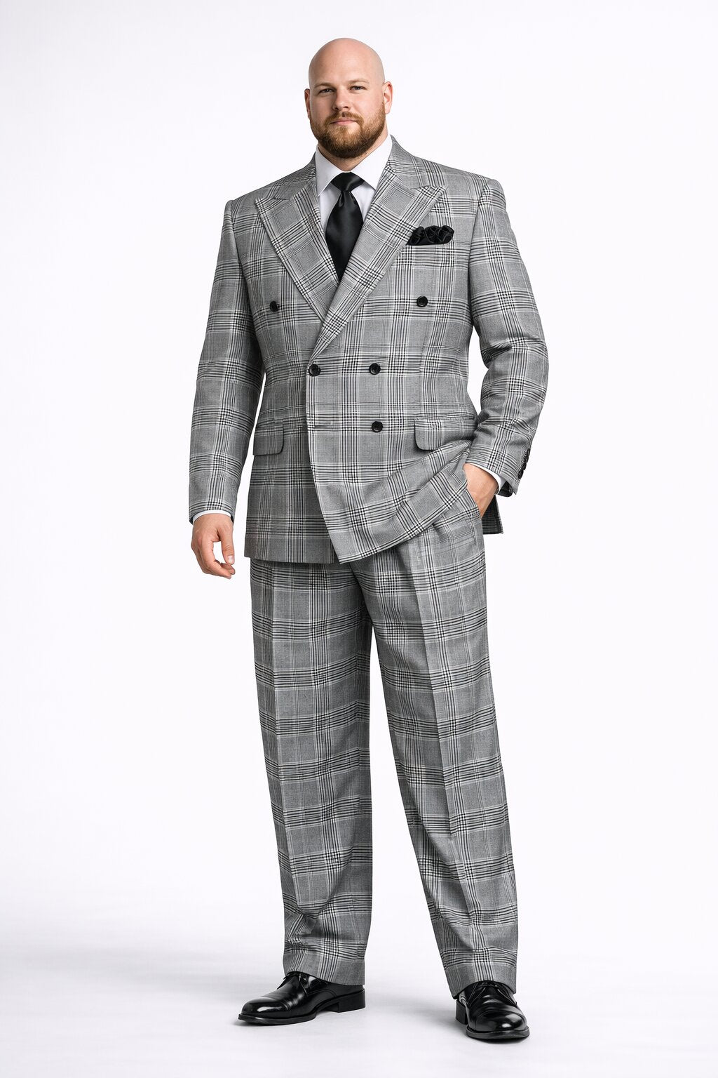 Suits With Baggy Pleated Pants - Wide Leg Pants 100% Wool - Classic Fit in Black and White Plaid Color by Rossiman USA Men's Outlet