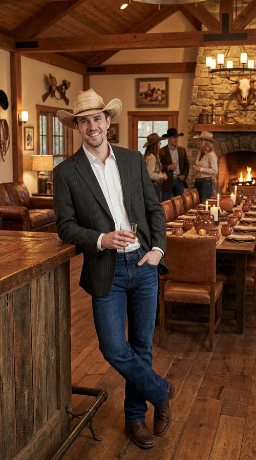 Mens Black Pinstripe Western Blazer – Classic Cowboy Style Jacket for Business, Formal and Smart Casual Wear