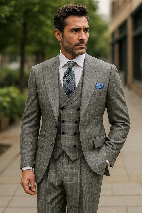 classic-wool-fabric-fit-no-pleated-pants-peak-lapel-with-double-breasted-vest-athletic-fit-grey-windowpane-mens-suit