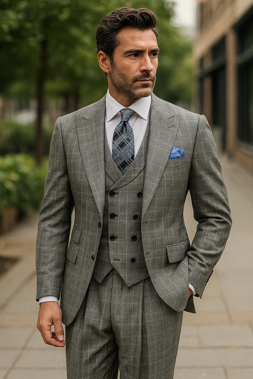 classic-wool-fabric-fit-no-pleated-pants-peak-lapel-with-double-breasted-vest-athletic-fit-grey-windowpane-mens-suit