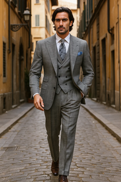 classic-wool-fabric-fit-no-pleated-pants-peak-lapel-with-double-breasted-vest-athletic-fit-grey-windowpane-mens-suit