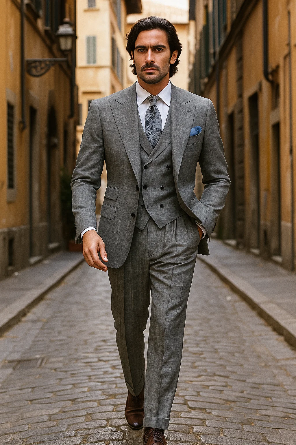 classic-wool-fabric-fit-no-pleated-pants-peak-lapel-with-double-breasted-vest-athletic-fit-grey-windowpane-mens-suit