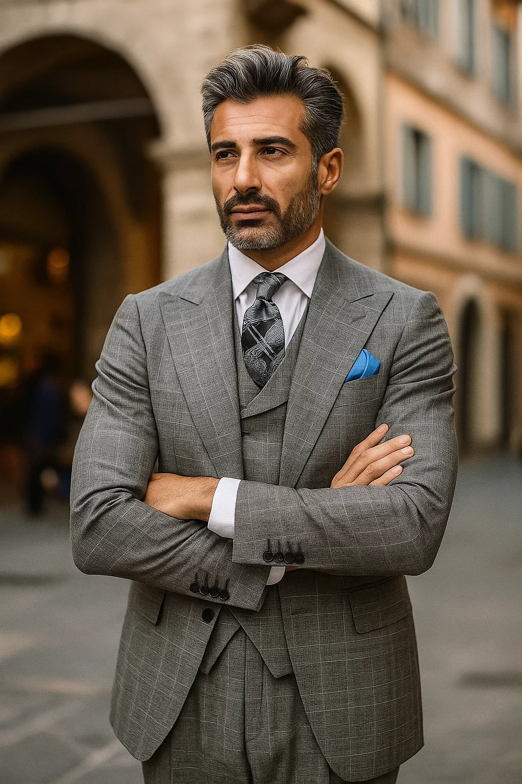 classic-wool-fabric-fit-no-pleated-pants-peak-lapel-with-double-breasted-vest-athletic-fit-grey-windowpane-mens-suit