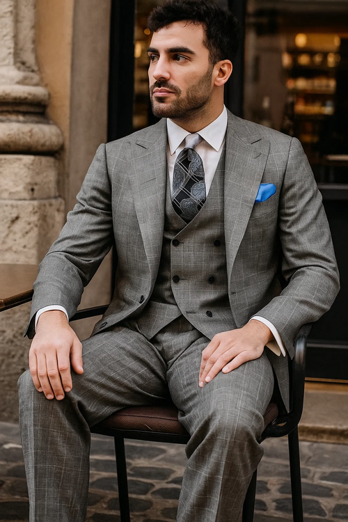 classic-wool-fabric-fit-no-pleated-pants-peak-lapel-with-double-breasted-vest-athletic-fit-grey-windowpane-mens-suit