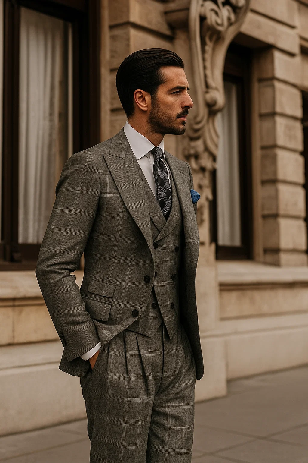 classic-wool-fabric-fit-no-pleated-pants-peak-lapel-with-double-breasted-vest-athletic-fit-grey-windowpane-mens-suit