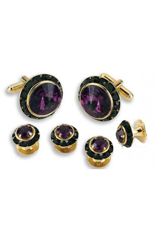 Amethyst Crystal Black Rhinestones Border Studs and Cufflinks Set by Classix