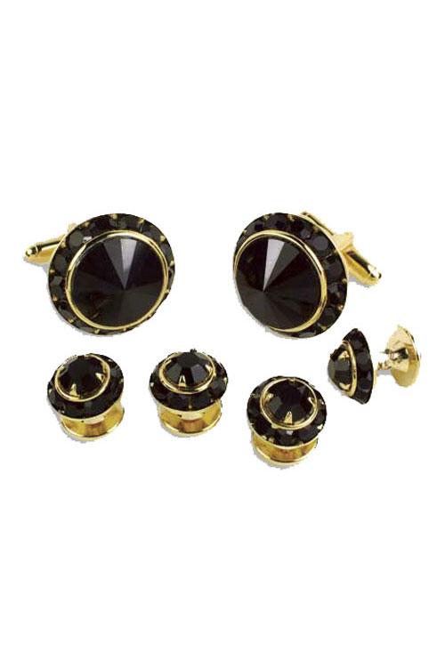Black Crystal Black Rhinestones Border Studs and Cufflinks Set Classix