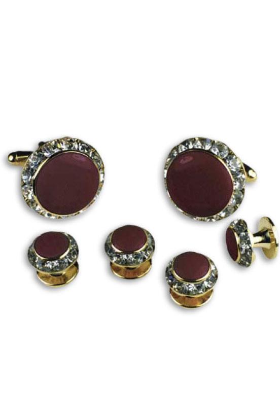 Burgundy Enamel Rhinestones Border Studs and Cufflinks Set by Classix