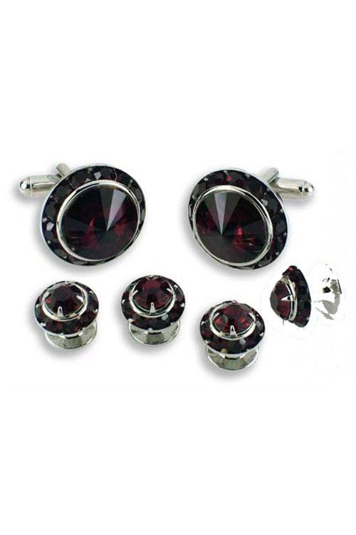 Dark Ruby Crystal Rhinestones Border Studs and Cufflinks Set by Classix