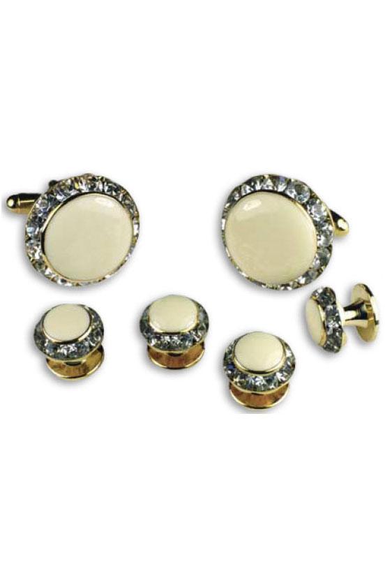 Ivory Enamel Rhinestones Border Studs and Cufflinks Set by Classix