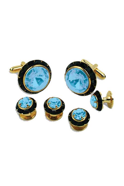 Light Blue Crystal Black Rhinestones Border Studs and Cufflinks Set Classix