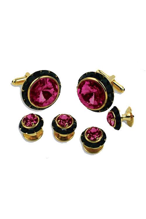 Light Pink Crystal Black Rhinestones Border Studs and Cufflinks Set by Classix