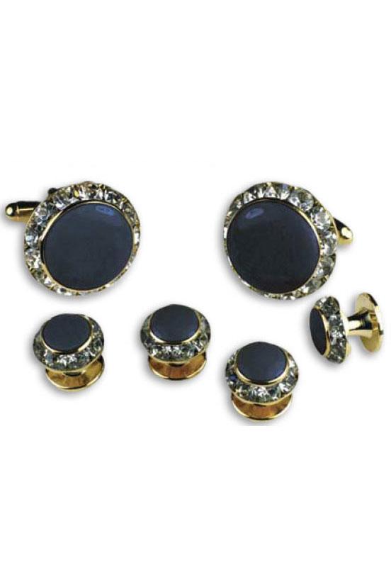 Navy Enamel Rhinestones Border Studs and Cufflinks Set by Classix