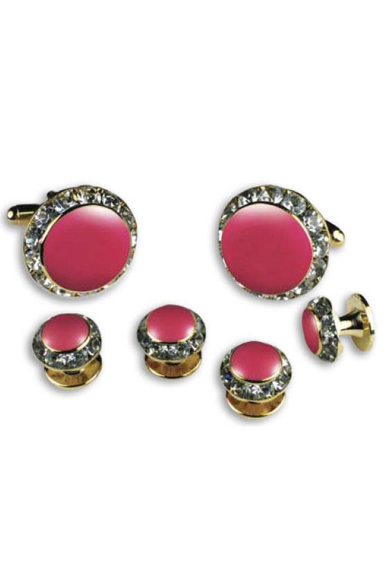 Pink Enamel Rhinestones Border Studs and Cufflinks Set by Classix