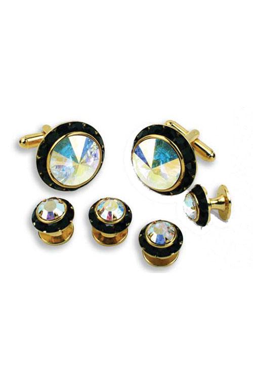 Prism Crystal Black Rhinestones Border Studs and Cufflinks Set by Classix
