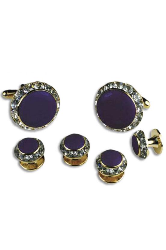 Purple Enamel Rhinestones Border Studs and Cufflinks Set by Classix