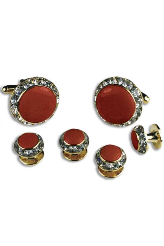 Red Enamel Rhinestones Border Studs and Cufflinks Set by Classix