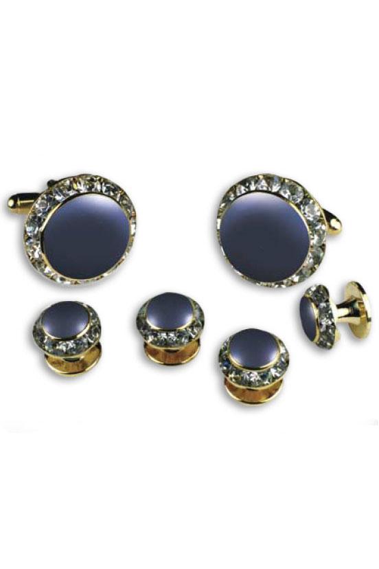 Royal Blue Enamel Rhinestones Border Studs and Cufflinks Set by Classix