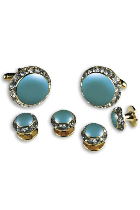 Teal Enamel Rhinestones Border Studs and Cufflinks Set Classix