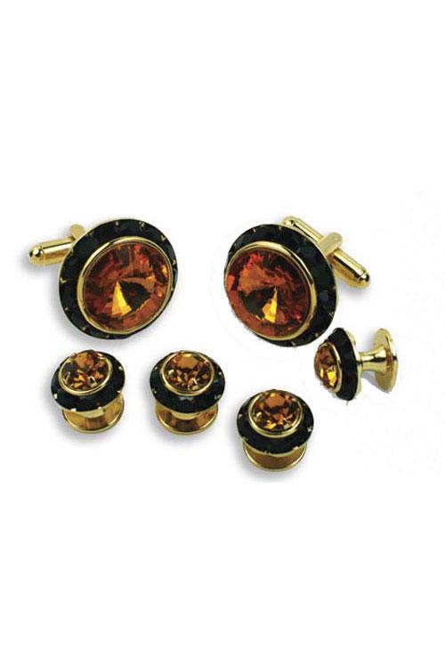 Topaz Crystal Black Rhinestones Border Studs and Cufflinks Set by Classix