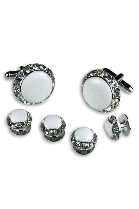 White Enamel Rhinestones Border Studs and Cufflinks Set by Classix