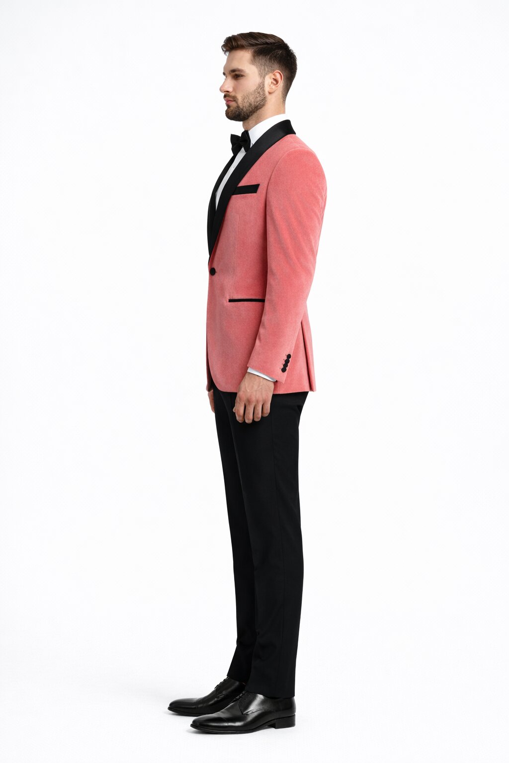 Men’s Coral Pink Tuxedo Jacket with Black Satin Shawl Lapel Velvet Fabric - Modern Slim Fit Formal Blazer from USA Men's Outlet
