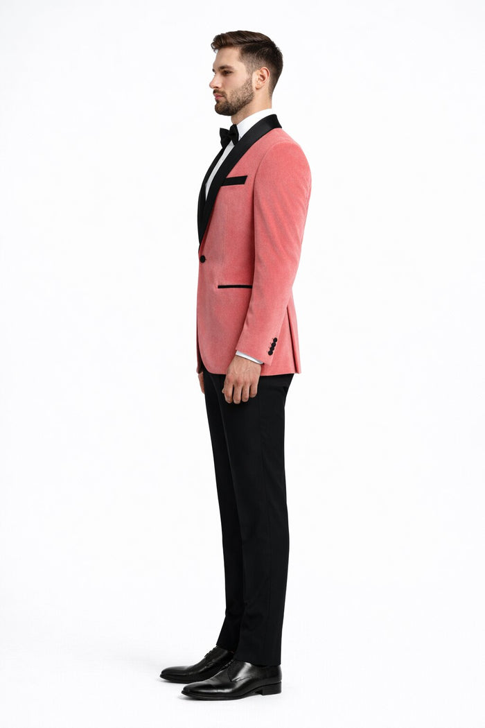 Men’s Coral Pink Tuxedo Jacket with Black Satin Shawl Lapel Velvet Fabric - Modern Slim Fit Formal Blazer from USA Men's Outlet
