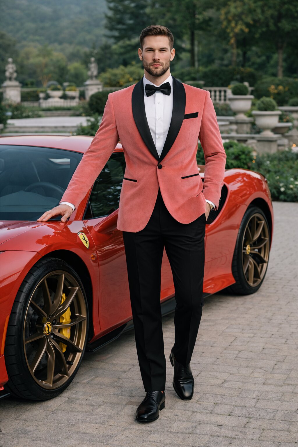 Men’s Coral Pink Tuxedo Jacket with Black Satin Shawl Lapel Velvet Fabric - Modern Slim Fit Formal Blazer from USA Men's Outlet