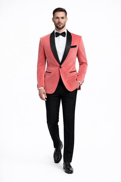 Men's Coral Pink Tuxedo Jacket with Black Satin Shawl Lapel Velvet Fabric
