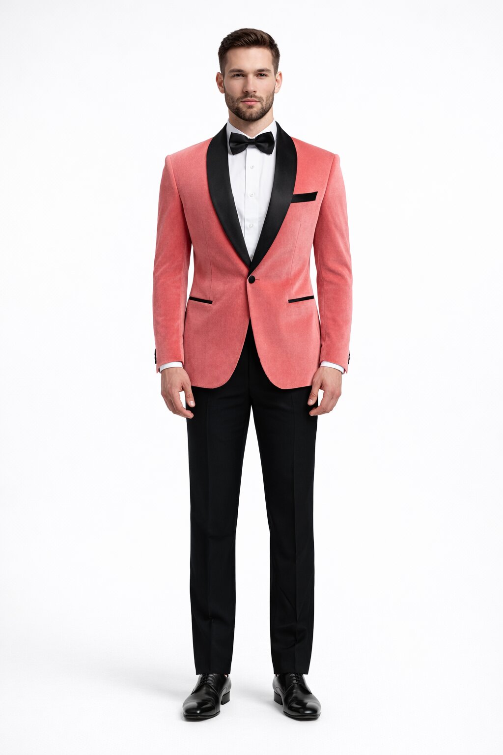 Men’s Coral Pink Tuxedo Jacket with Black Satin Shawl Lapel Velvet Fabric - Modern Slim Fit Formal Blazer from USA Men's Outlet
