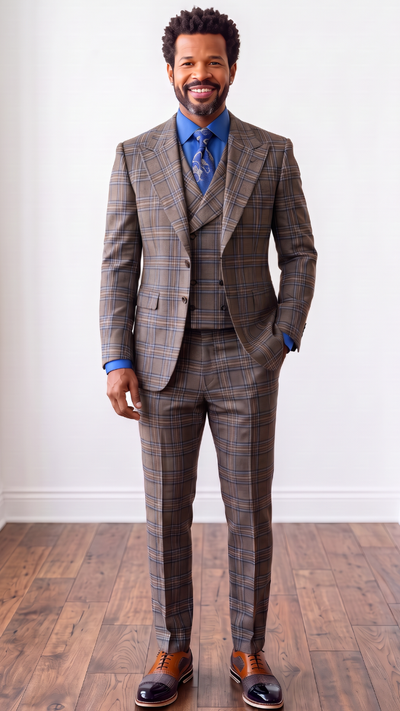Statement Men's 3-Piece 100% Wool Tailored Fit Plaid Suit - Double Breasted Vest - Brown