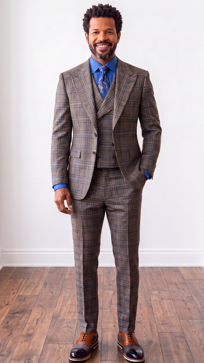 Statement Men's 3-Piece 100% Wool Tailored Fit Plaid Suit - Double Breasted Vest - Brown