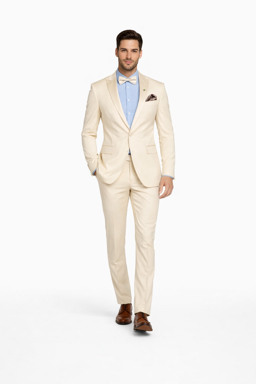 Men's Cream Tuxedo Suit One Button Satin Lapel Formal Champagne Goldish Beige Color Light Tan USA Outlet 34 Short or Extra Small
