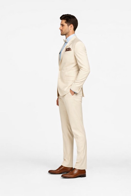 Cream Tuxedo Suit for Men - One Button Satin Lapel Formal Suit - Champagne Color Light Tan Tuxedo USA Men's Outlet