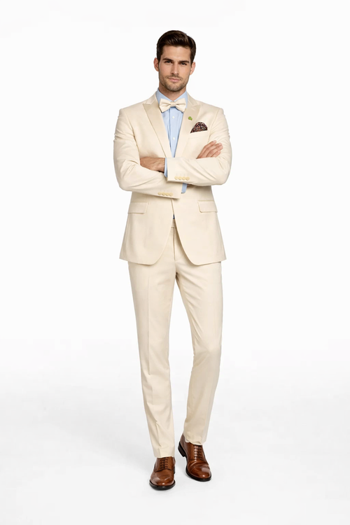 Cream Tuxedo Suit for Men - One Button Satin Lapel Formal Suit - Champagne Color Light Tan Tuxedo USA Men's Outlet