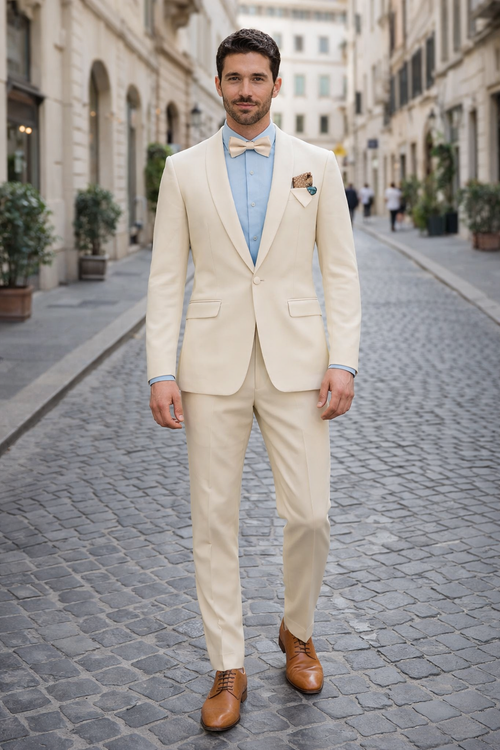 Cream Tuxedo Suit for Men - One Button Satin Lapel Formal Suit