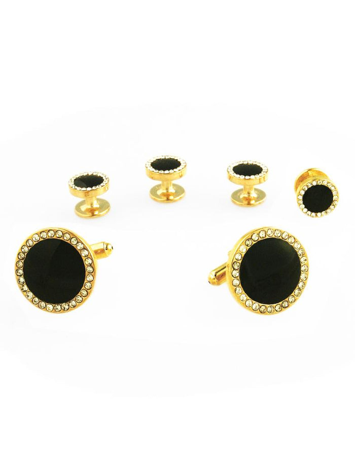 Black Circular Enamel with CZ Border Gold Edge Studs and Cufflinks Set by Cristoforo Cardi