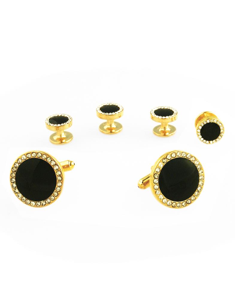 Black Circular Enamel with CZ Border Gold Edge Studs and Cufflinks Set by Cristoforo Cardi