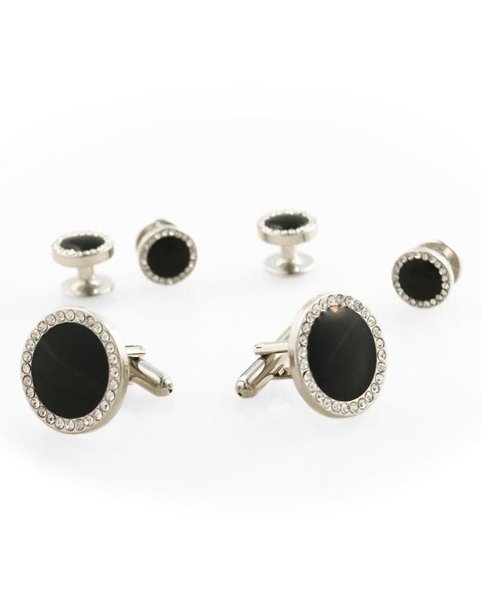 Black Circular Enamel with CZ Border Silver Edge Studs and Cufflinks Set by Cristoforo Cardi
