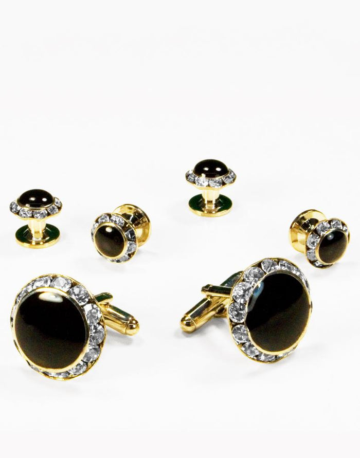 Black Circular Enamel with Rhinestones Gold Edge Studs and Cufflinks Set by Cristoforo Cardi