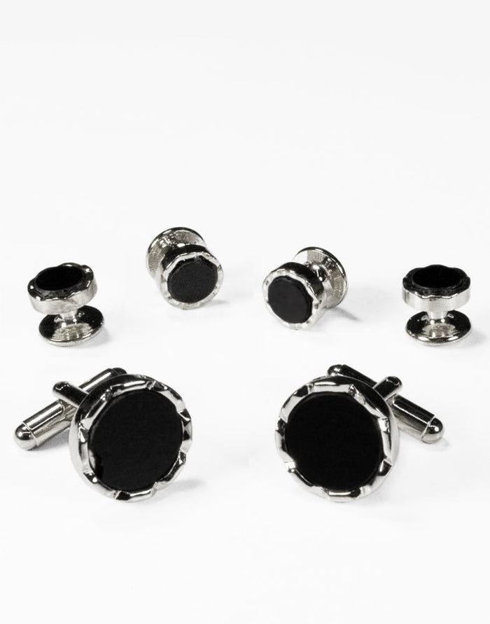 Black Circular Onyx with Diamond Cut Edge Studs and Cufflinks Set by Cristoforo Cardi