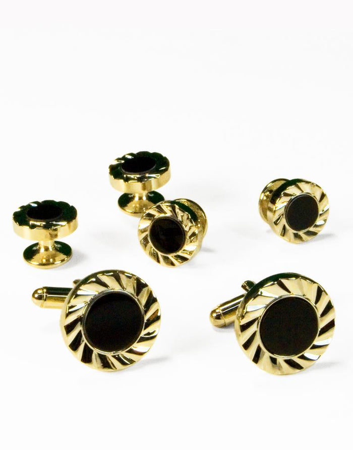 Black Circular Onyx with Gold Fan Cut Edge Studs and Cufflinks Set Cristoforo Cardi
