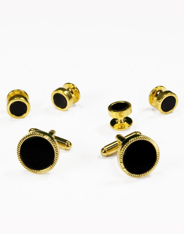 Black Circular Onyx with Gold Feather Cut Edge Studs and Cufflinks Set by Cristoforo Cardi