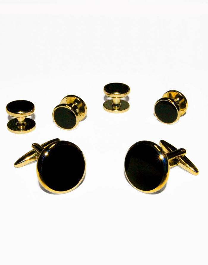 Black Circular Onyx with Gold Trim Studs and Cufflinks Set by Cristoforo Cardi