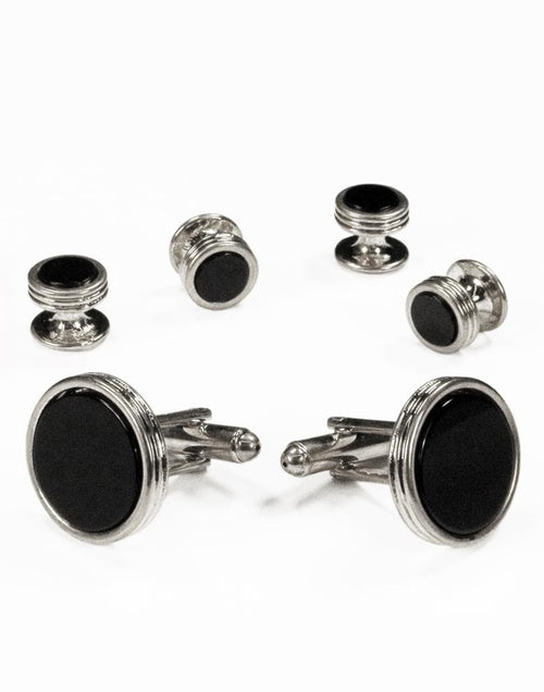 Black Circular Onyx with Silver Concentric Circles Studs by Cristoforo Cardi